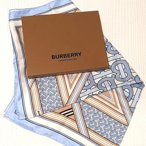 BURBERRY Montage Print Silk Square Scarf in Blue and Tan